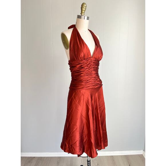 Vintage Y2K Cache Silk Ruched Dress 4 Burnt Orange Rust Asymmetric Fairy Halter - Picture 2 of 16